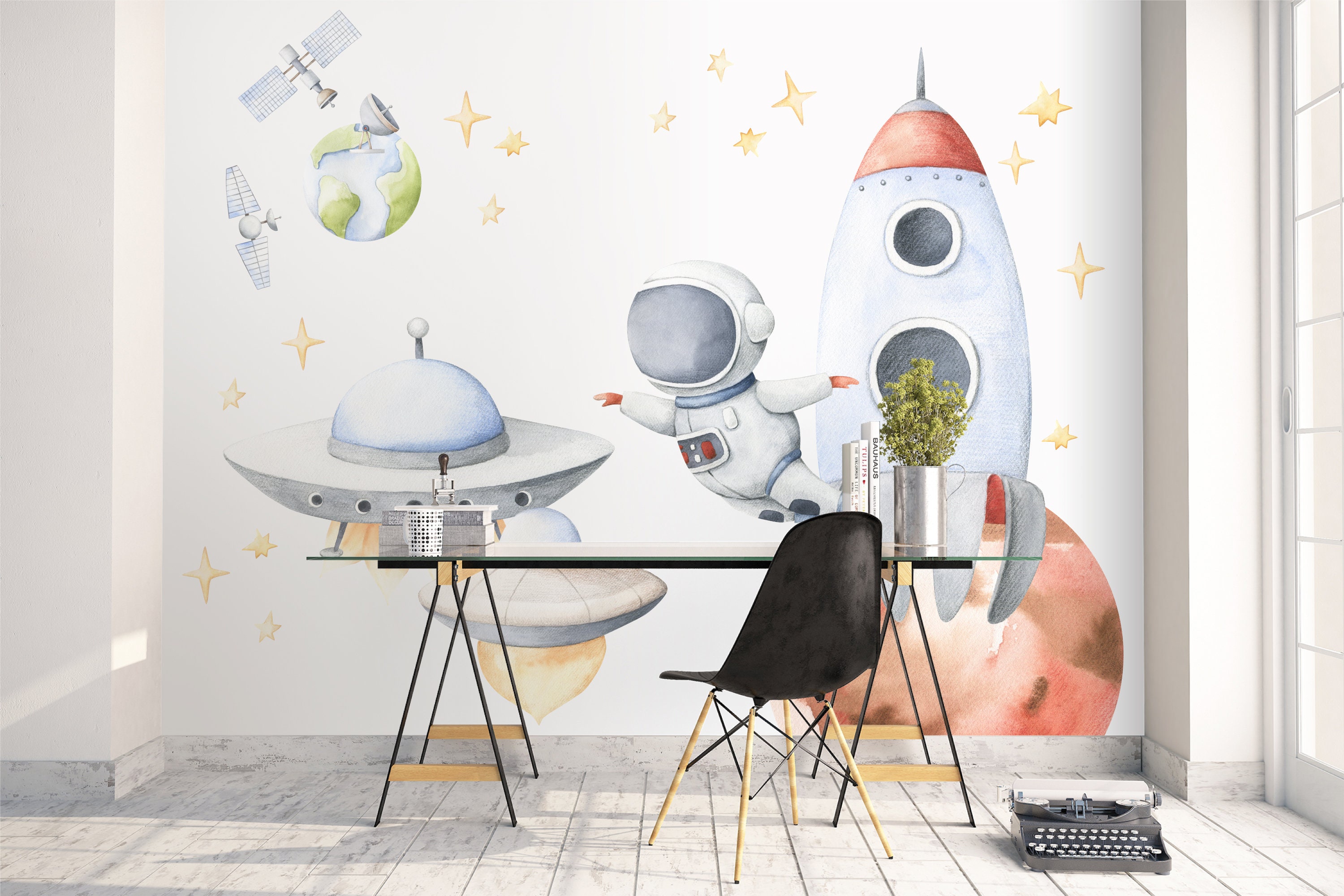 Wandaufkleber Weltraum – Planeten, Raketen, UFOs, 950 X 290 Mm, Marineblau
