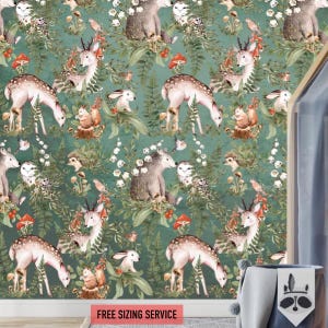 Woodland Animals Wallpaper Roll Forest Deer Bear Rabbit Nursery Decor Peel and Stick