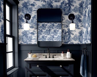 Dark Blue Toile De Jouy Wallpaper | Romantic Peel and Stick Decor