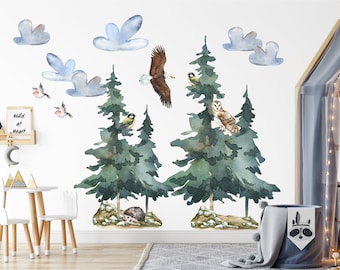Woodland Trees Wall Decal, for Kids Room or Nursery, Wall sticker Woodland, Woodland stickers peel and stick, Owl wall stickers, Owl mural