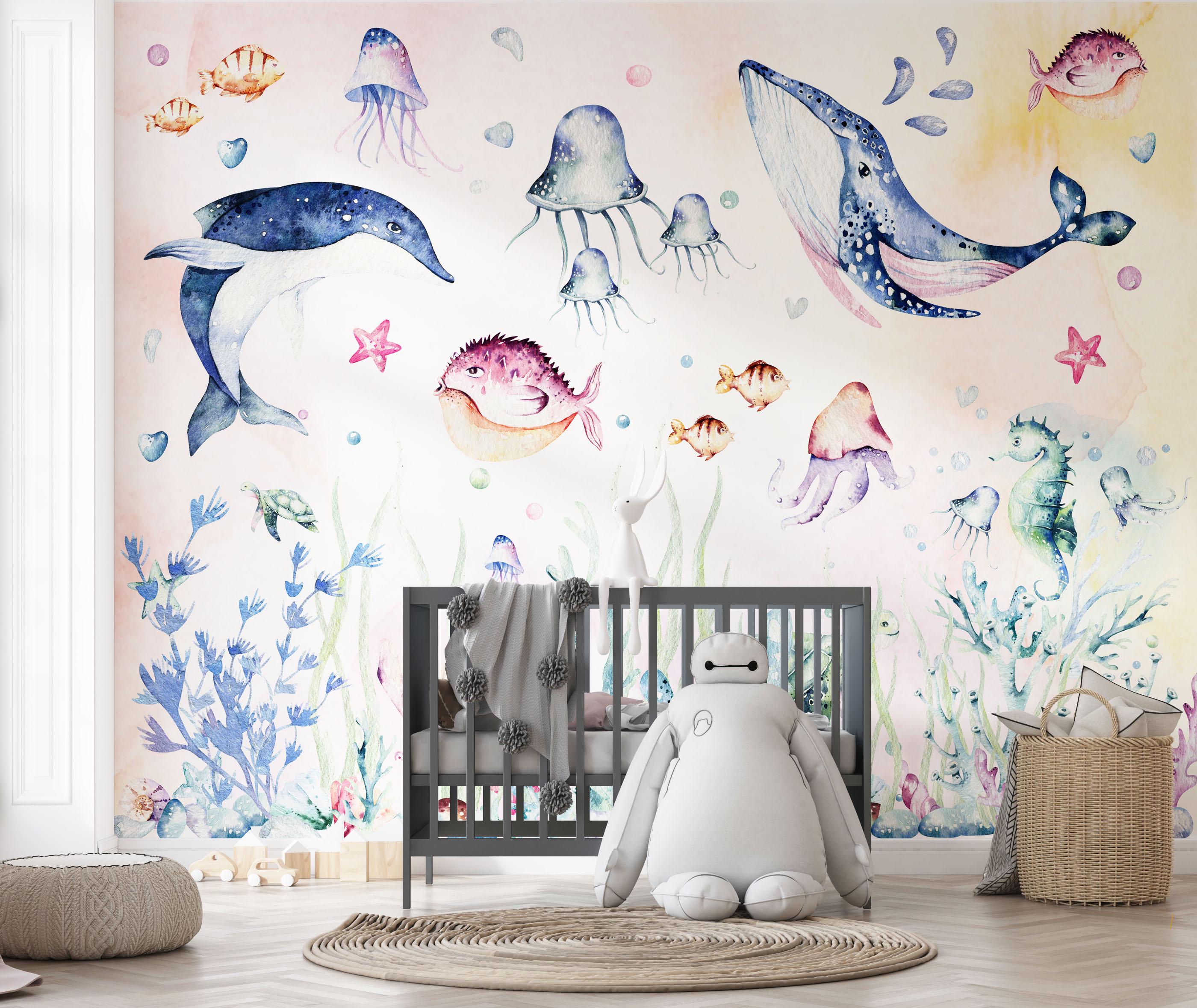 Ocean Life Nursery Wallpaper: Whale, Dolphin, Sea World Mural - Etsy Israel, image size:2800x2359