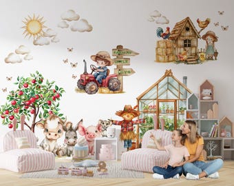 Watercolor Farm Animals Wall Decals - Custom  Name Red Tractor Nursery Stickers