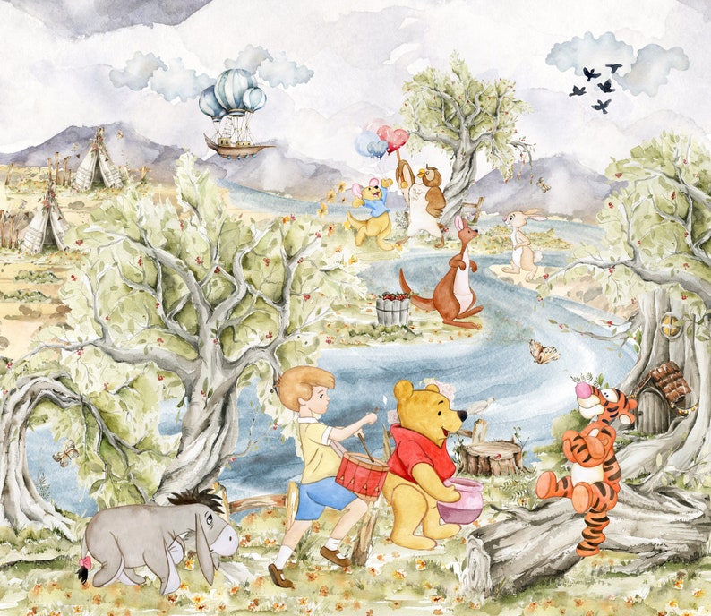Winnie the Pooh Wallpaper for Kids, Winnie Pooh Wall Decal, Kids Wallpaper, Nursery Wall Mural, Kids And Baby Room Decor, Baby Shower Gift, image 1