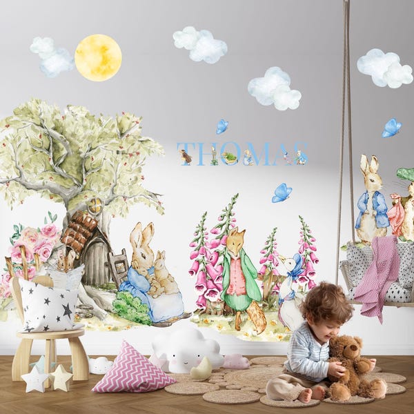 Custom Peter Rabbit Wall Decal, Personalized Name Nursery Decor, Vintage Fabric Room Mural
