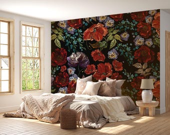 Dark Floral Wallpaper: Dutch Bouquet Peel and Stick Eco-Textile Wall Mural
