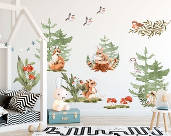 Woodland Animal Wall Decal met Vos, Uil, Konijn, Eekhoorn, Vogel, geschikt voor kinderkamer en kinderkamer, Woodland Wall Mural, Forest Stickers