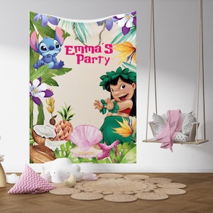 May include: A colorful tapestry featuring the characters Stitch and Lilo from the animated film Lilo & Stitch. The tapestry has a tropical theme with the text "Emma's Party" in pink. Decorative elements include flowers, coconuts, and a pineapple.