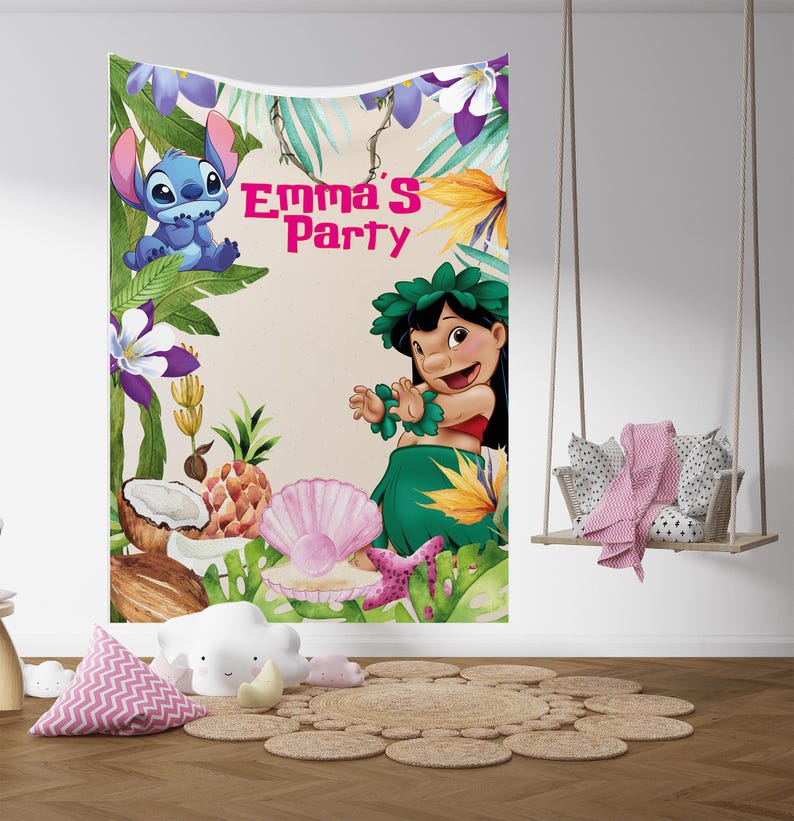 May include: A colorful tapestry featuring the characters Stitch and Lilo from the animated film Lilo & Stitch. The tapestry has a tropical theme with the text "Emma's Party" in pink. Decorative elements include flowers, coconuts, and a pineapple.