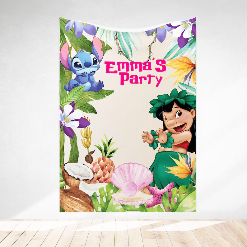 May include: A party backdrop featuring the characters Stitch and Lilo from the movie Lilo & Stitch. The backdrop has a tropical theme with flowers, coconuts, and the text "Emma's Party" in pink.