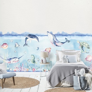 Carta da parati Ocean per bambini, Carta da parati Sea World per bambini, Murale Sea Wall, Carta da parati Nursery, Pesci, Tartarughe, Delfini, Meduse,
