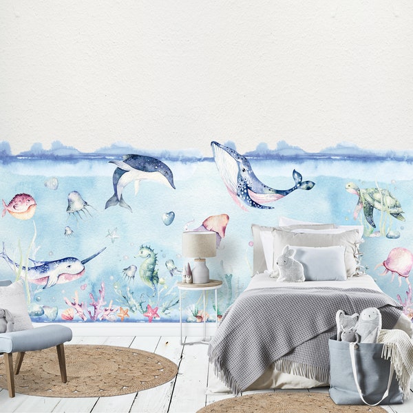 Ocean Wallpaper for kids, Sea world Wallpaper for kids, Sea Wall Mural, Nursery Wallpaper, Fishes, Turtles, Dolphins, Jellyfishes,