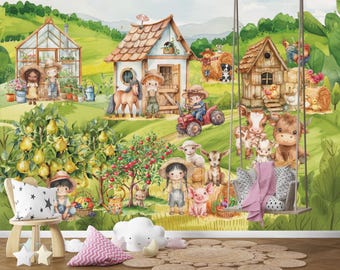 Little Farm Wall Mural, Farm Animal Nursery Wallpaper, Countryside Kids Playroom Decor