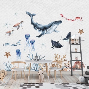 Ocean Wall Decal with Whale, jellyfishes, turtles, corals for Kids , Whale in Ocean Wall Decal for kids whale, jellyfishes, turtles, corals.