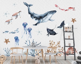 Sticker mural océan avec baleine, méduses, tortues, coraux pour enfants, Sticker mural baleine dans l'océan pour enfants baleine, méduses, tortues, coraux.