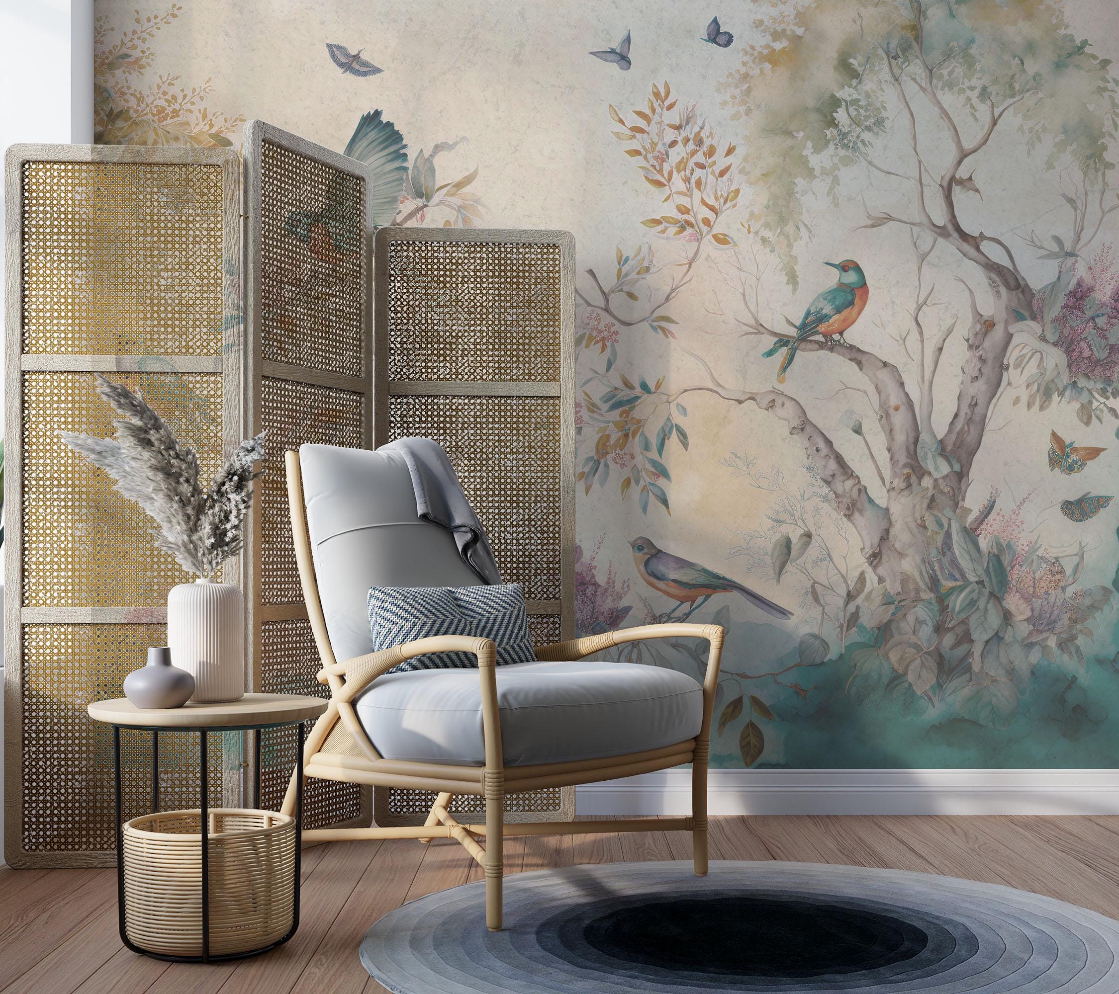Papier Peint Intissé à Motif Floral Vert Bleu - Papier Peint Oiseaux Avec Animaux