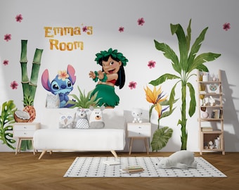 Lilo and Stitch Wall Decal, Ohana Means Family Fabric Stickers, Watercolour Nursery Bedroom Decor