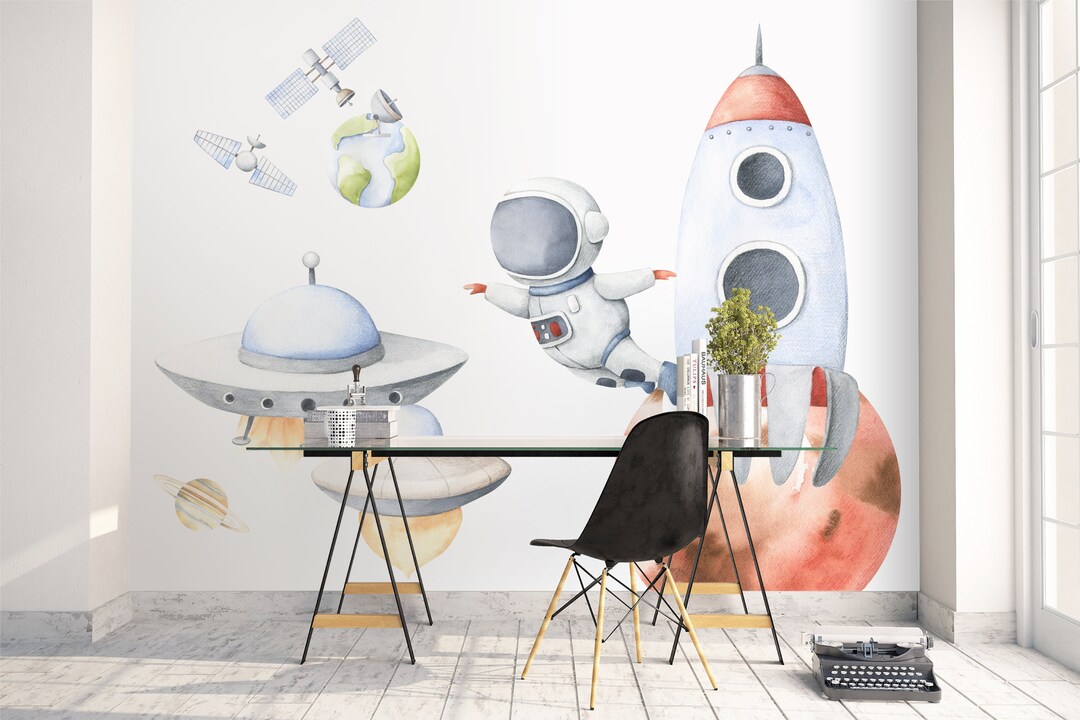 Watercolor Rocket Ship Wall Decals, Astronaut Space Adventure Stickers ...