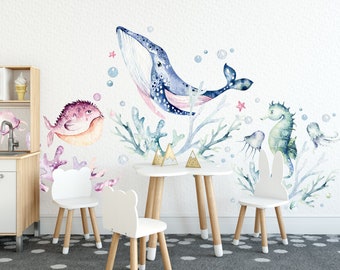 Ocean Wall Decal for Kids, Whale, Fishes, Seahorse, Jellyfishes, Corals Wall Stickers, Sea World  Wall Decal for kids, Ocean life wall decal