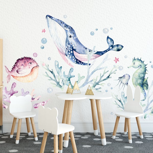 Ocean Wall Decal for Kids, Whale, Fishes, Seahorse, Jellyfishes, Corals Wall Stickers, Sea World  Wall Decal for kids, Ocean life wall decal