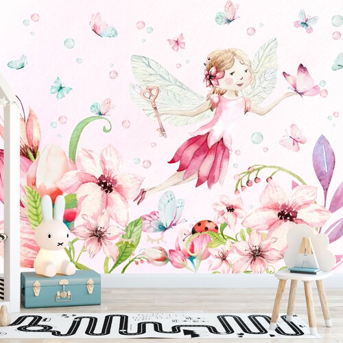 Nursery Wallpaper With Fairy and Butterflies in Pink Self - Etsy Nursery Wallpaper With Fairy and Butterflies in Pink Self - Etsy