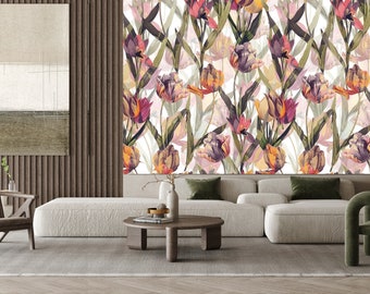 Florale Tapete, Tulpen Tapete, Blumen Tapete, Abnehmbare Tapete Tulpen, Tulpen Wandbild, Schlafzimmer Wandbild, Wohnzimmer Tulpe