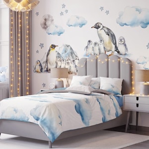 Muursticker kinderkamer pinguïn: herbruikbare sticker winterlandschap