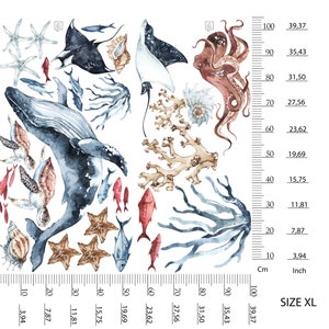 Sticker mural océan avec baleine, méduses, tortues, coraux pour enfants, Sticker mural baleine dans l'océan pour enfants baleine, méduses, tortues, coraux. image 6