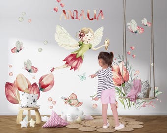 Watercolor Fairy Garden Wall Decals with NAME, Magical Woodland Nursery Decor, Muted Pastel Stickers