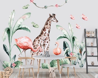 Stickers muraux savane, sticker mural safari, stickers muraux Afrique avec girafes, flamants roses, singes, décoration de chambre d'enfants girafe Safari, sticker jungle