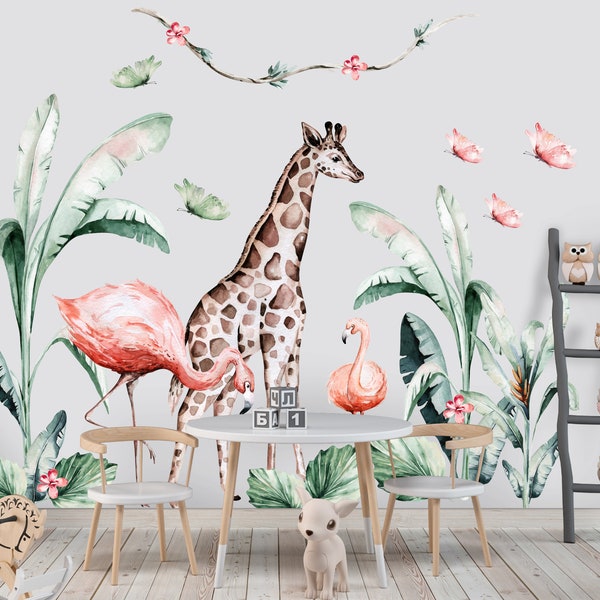 Savanna Wall Stickers, Safari Wall decal, Africa Wall Stickers with Giraffe, Flamingos, Monkey, Safari Giraffe nursery decor, Jungle sticker