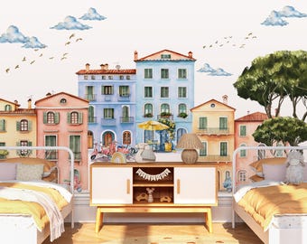Cinque Terre Houses Wall Decal, Colorful Italian Village Wall Sticker,