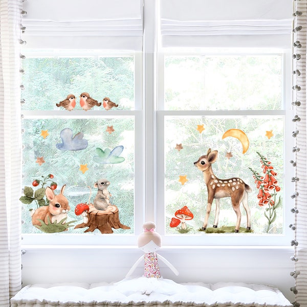 Stickers muraux faciles à poser sur n'importe quelle fenêtre, animaux sauvages de la forêt pour fenêtre de chambre d'enfant ou de chambre d'enfant, sticker mural avec des animaux