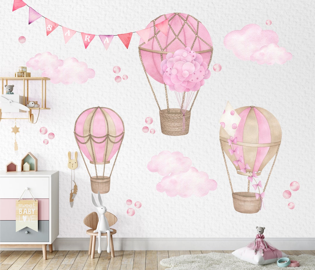 Pink Hot Air Balloon Wall Decal, Repositionable Fabric Stickers ...