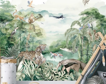 Papel de parede com animais da floresta amazônica, mural de parede para quarto infantil com tema de selva tropical, adesivos de tecido com elementos da natureza, vegetação.