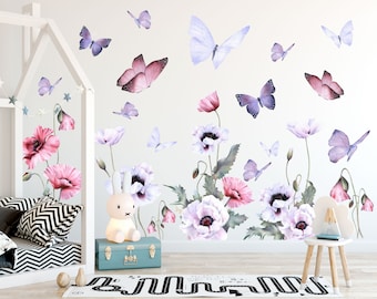 Poppies Butterflies Wall Decal, Kids Wall Decal, Butterflies Wall Stickers, Fairy Wall Decal, Removable Stickers, Butterflies wall mural