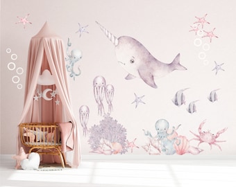 Ocean Wall Decal, Narwhal Wall Stickers, Crustacean Nursery Wall Decal, Kids Room Decal, Peel and Stick, Ocean Wall Decor, Underwater Decal