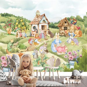 May include: A whimsical mural featuring a pastoral scene with illustrated animals in clothing, including rabbits, cats, and a horse, set against a backdrop of rolling green hills and quaint cottages. The scene includes a young girl holding a teddy bear.