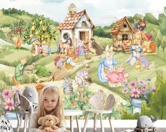 Peter Hase Abenteuerland Wandtapete, Nostalgische Beatrix Potter Fototapete, XXL Kinderzimmer Wandbild, Waldtiere Design