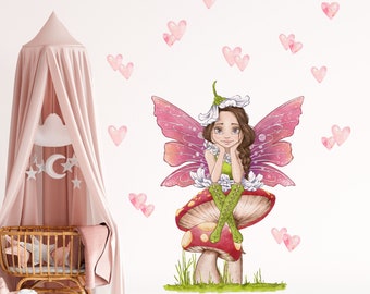 Fee met harten muur sticker, Kids muur sticker, Fairy muur stickers, Fairy muur sticker, verwisselbare stickers,