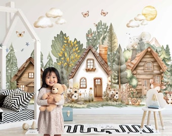 Forest Village Wall Decals, Woodland Houses Nursery Stickers, Bear Bunny Deer Watercolour Fabric