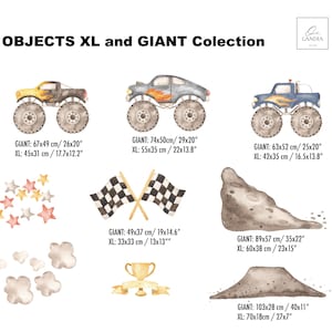 May include: A collection of watercolour illustrations featuring monster trucks, checkered flags, stars, clouds, a trophy, and dirt mounds. The image includes the text "OBJECTS XL and GIANT Collection". The monster trucks are approximately 66 cm long.