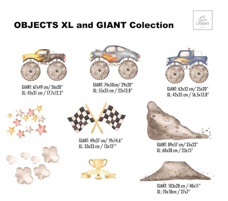 May include: A collection of watercolour illustrations featuring monster trucks, checkered flags, stars, clouds, a trophy, and dirt mounds. The image includes the text "OBJECTS XL and GIANT Collection". The monster trucks are approximately 66 cm long.