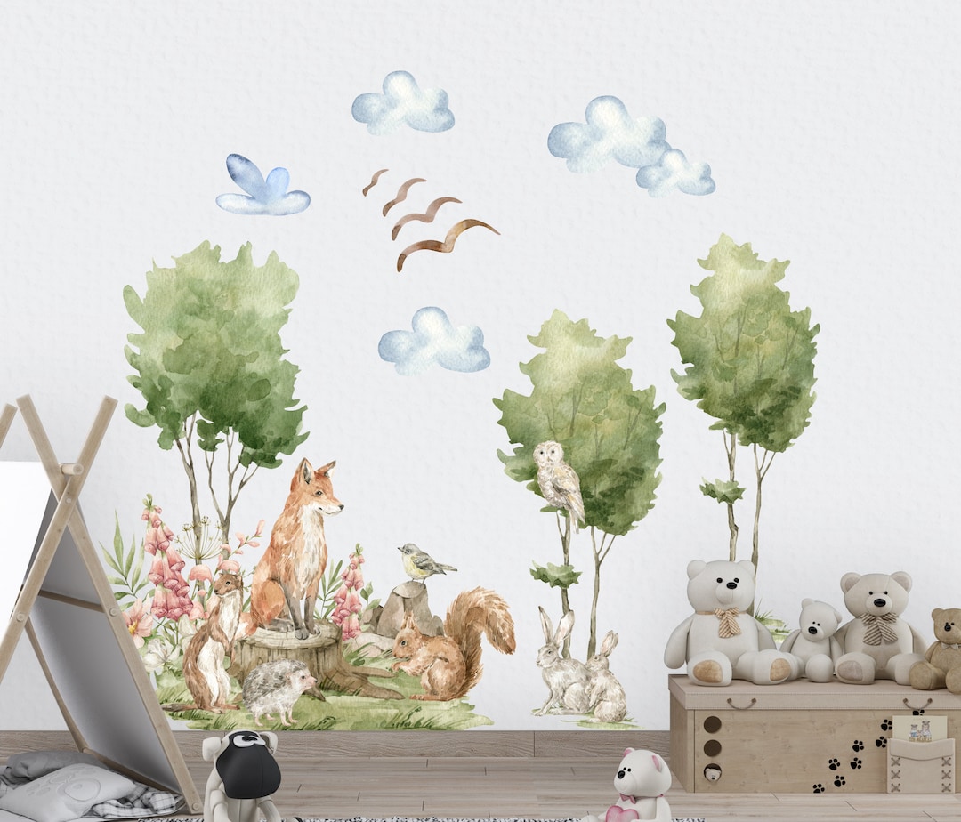 Woodland Animals Wall Decals, Fox Rabbit Owl Trees Forest Nursery ...