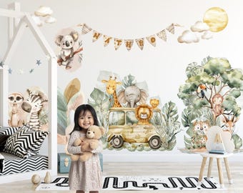 Safari Animals Wall Decals, Watercolor Nursery Stickers, Lion Elephant Giraffe Kids Room Fabric Bedroom
