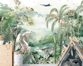 Papel de parede com animais da floresta amazônica, mural de parede para quarto infantil com tema de selva tropical, adesivos de tecido com elementos da natureza, vegetação.