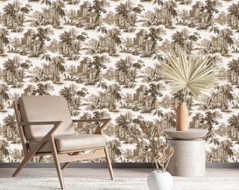 Brown Elegant Toile de Jouy Wallpaper | Vintage french style Wall Decor