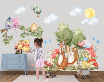 Swinging Bear Wall Decals, Winnie Pooh Friends Tree House Wall Stickers