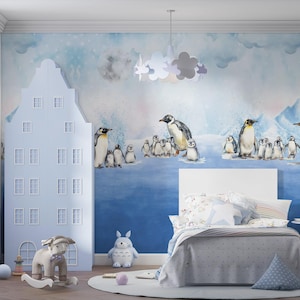 Behang aquarel pinguïns, winterkwekerijdecor, verwijderbaar behang met kleine familiedieren