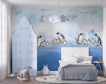 Papel pintado de pingüinos para habitación infantil, decoración de invierno para guardería, papel pintado removible con animales pequeños de la familia.
