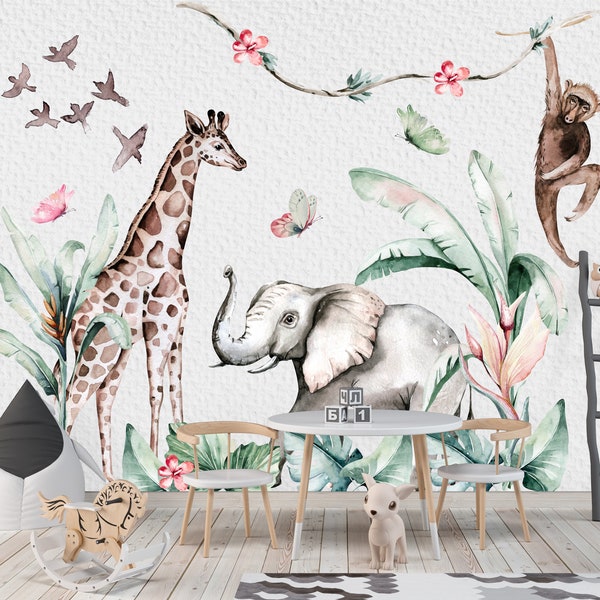 Safari Wall Decal, Safari Animals Wall Stickers, Giraffe, Elephant, Monkey, Jungle Wall Decal, Safari Nursery, Safari Wall Mural, Safari